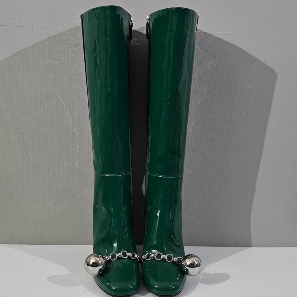 Long Champ Green Patent Heeled Boots with Silver Chain